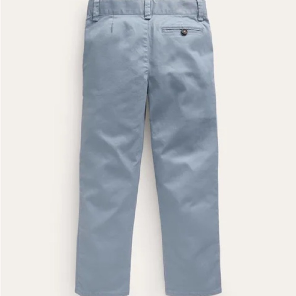 Mini Boden flat front stretch chinos girls size 8, pebble blue w/ pink stitching